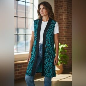 Soft Surroundings Soft Jersey Knit Open Front Duster Teal Black Medium Petite PM